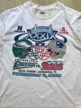 2005 Philadelphia Eagles vs New England Patriots Super Bowl white t-shirt